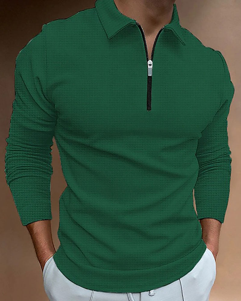 Casual Solid Waffle Zipped Polo Shirt