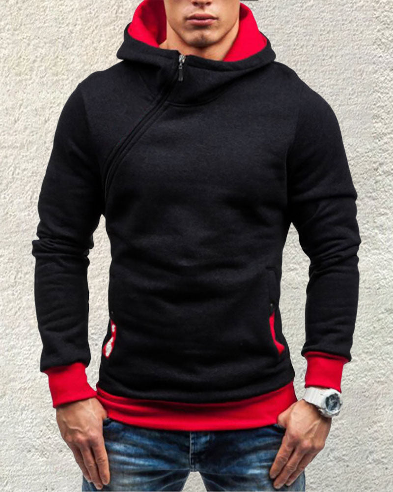 Fashion Diagonal Zip Hooded Sweatshirt