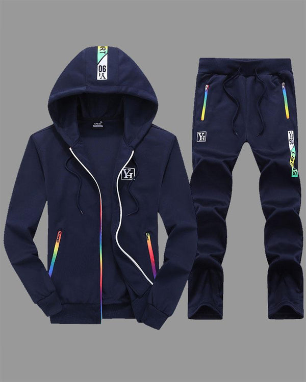 Color Striped Zipper Hooded Casual Sports Two-piece Suit