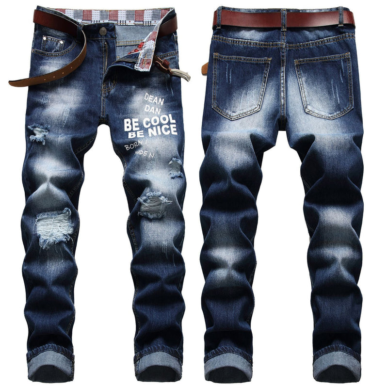 Fashion Hole Letter Print Jeans