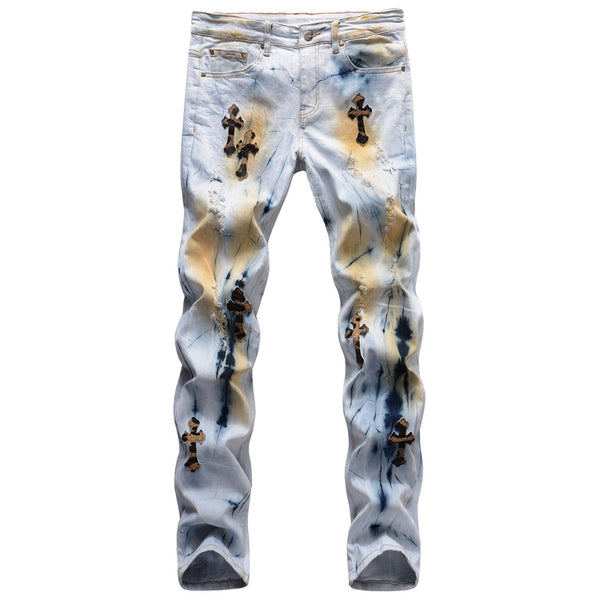 Cross Elasticity Slim Fit Hand Painted Ripped Jeans