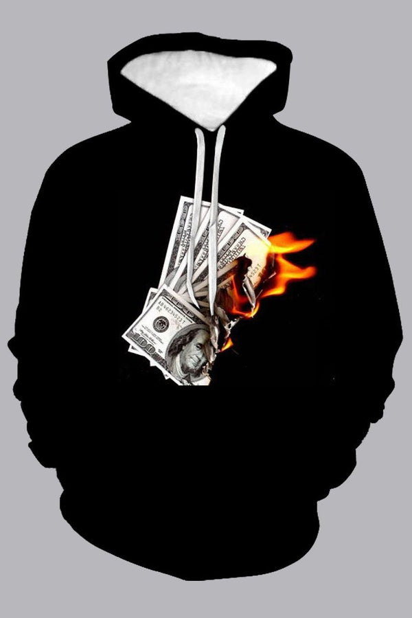 3D Burning Money Printed Hooded Sweatshirt