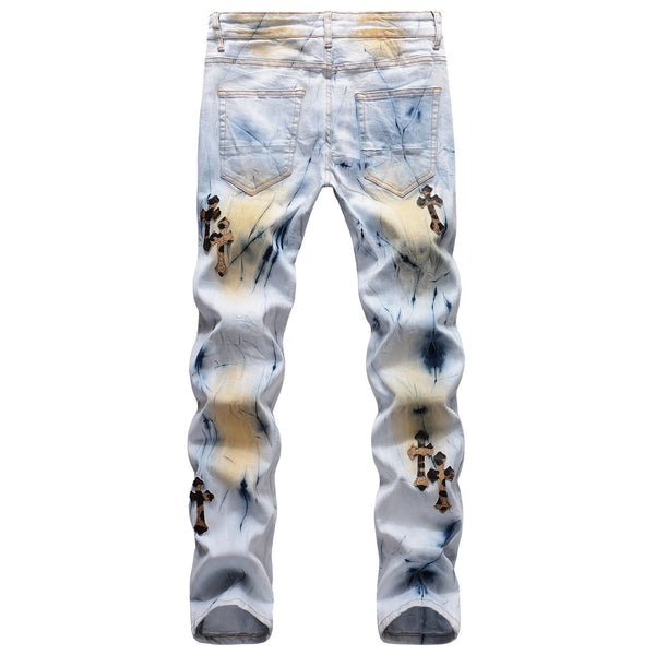 Cross Elasticity Slim Fit Hand Painted Ripped Jeans