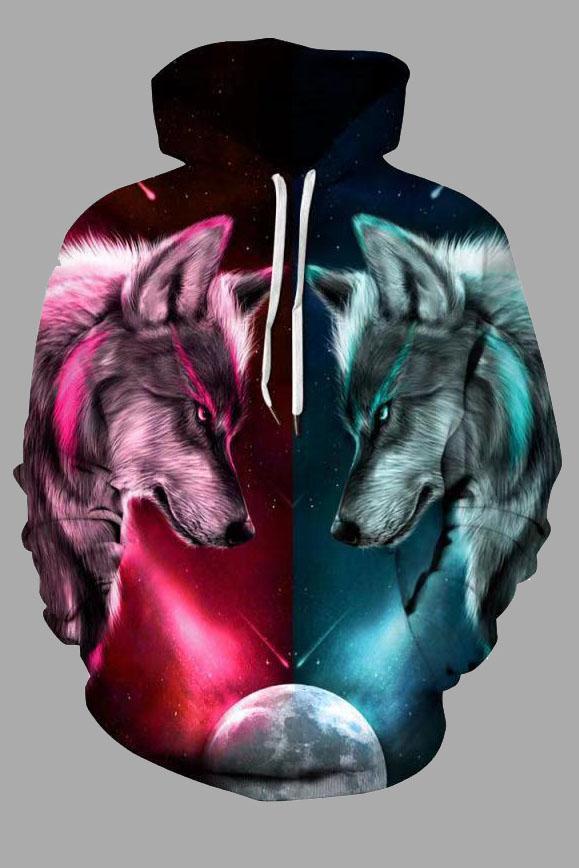 Street 3D multicolor wolf print hooded sweatshirt