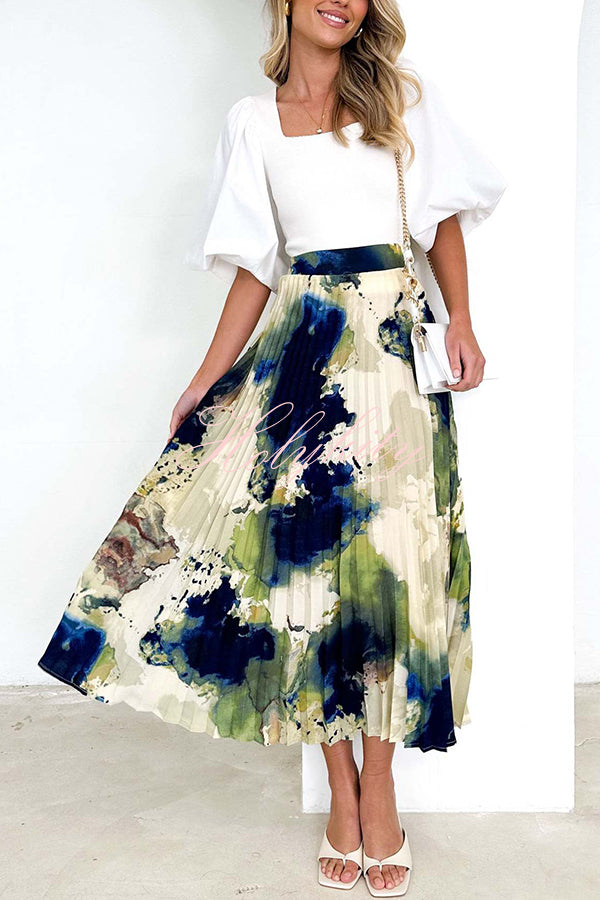 Abstract Art Paint Print Stretch Waist Pleated Skirts