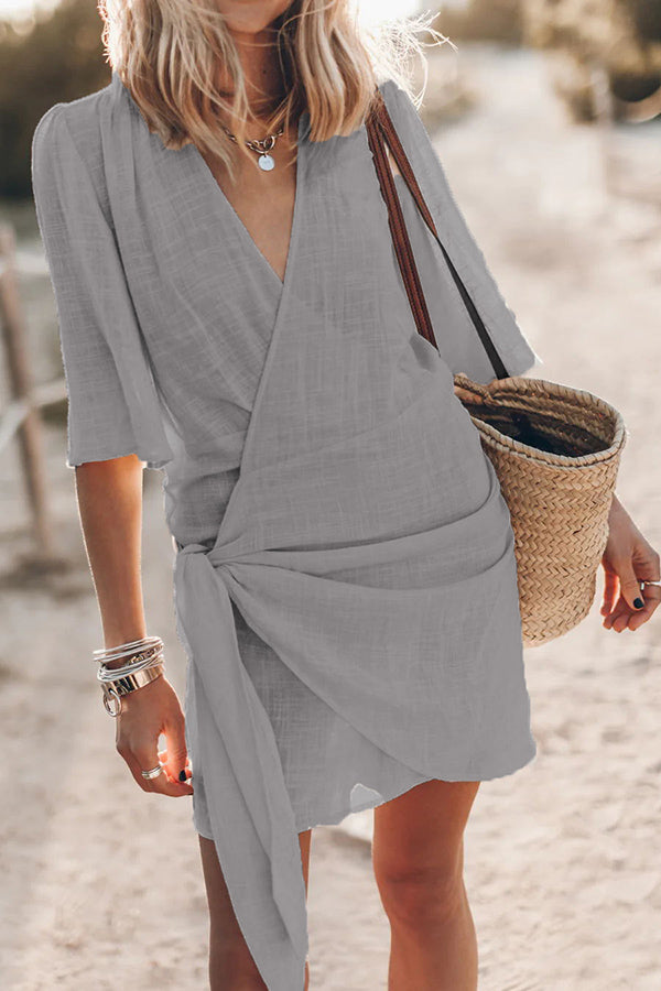 Easy Breezy Cotton Linen Blend Knotted Wrap Mini Dress