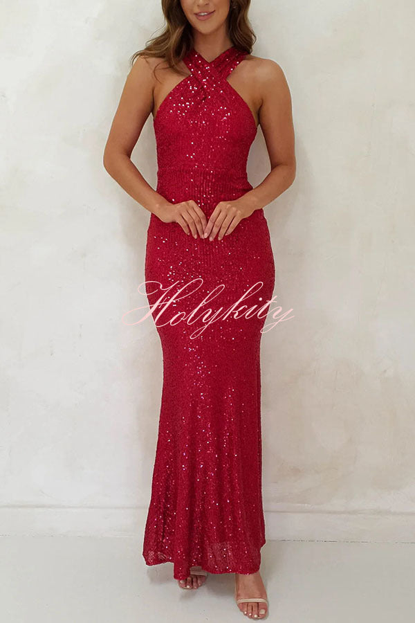 Time To Sparkle Sequin Cross Halter Neck Backless Maxi Dress