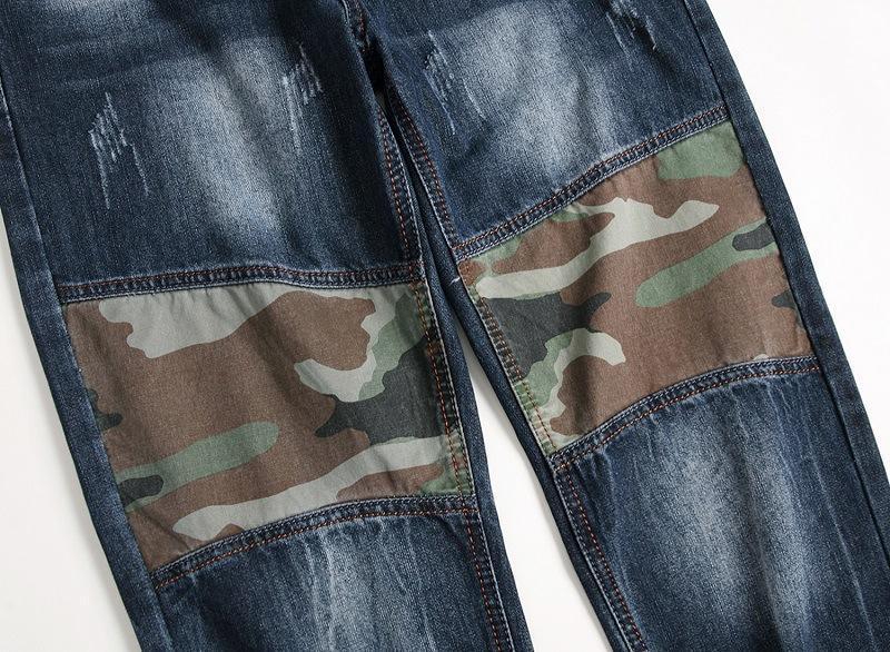 Personality Frayed Camouflage Stitching Jeans