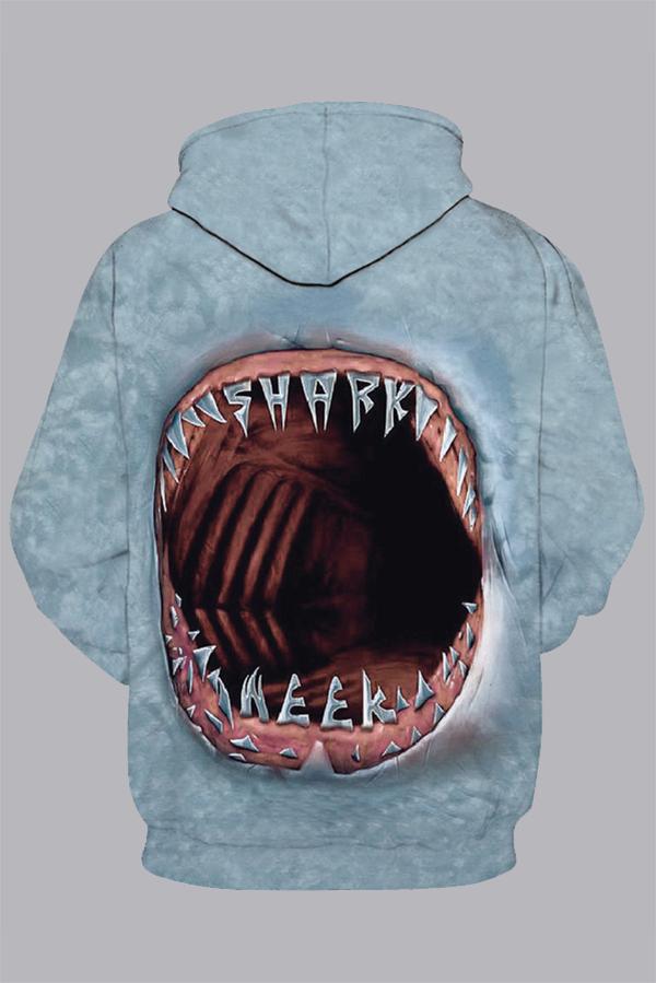 3D Gray  Digital Shark  Printed Hooded Sweatshirt