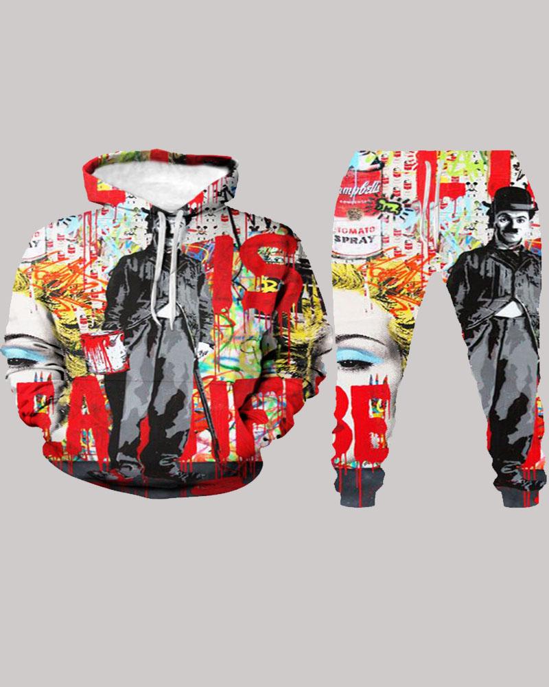 3D street personality printed hooded two-piece suit