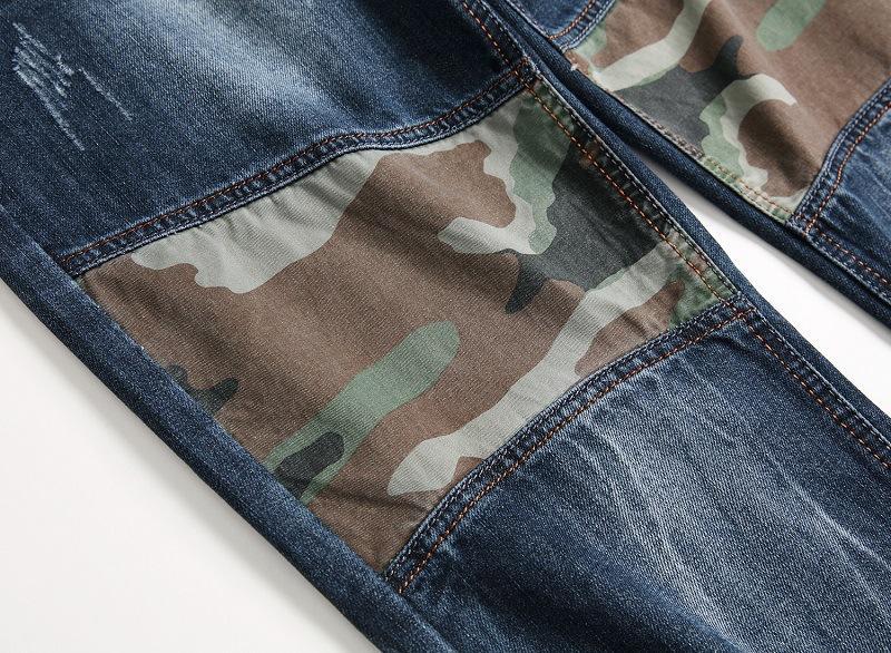 Personality Frayed Camouflage Stitching Jeans