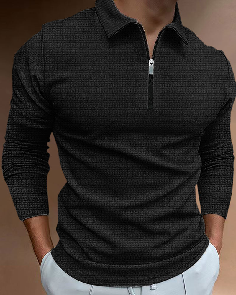 Casual Solid Waffle Zipped Polo Shirt