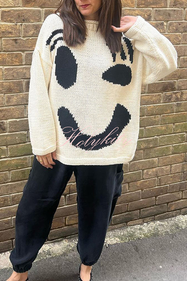 Feel Good Knit Colorful Smiley Face Loose Pullover Sweater