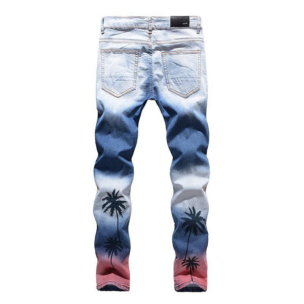 Coconut spray-painted knee-hole high-stretch slim-fit jeans