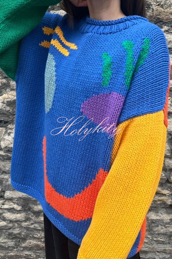 Feel Good Knit Colorful Smiley Face Loose Pullover Sweater