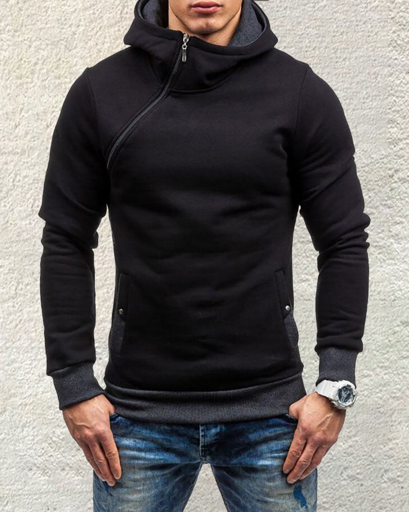 Fashion Diagonal Zip Hooded Sweatshirt