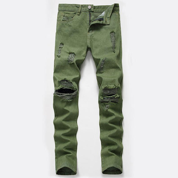 Personality holes in army green jeans