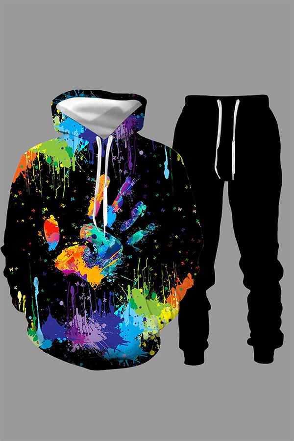 3D street personality printed hooded two-piece suit