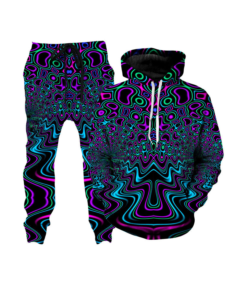 3D Street  Abstract Print Hooded Two-piece Suit