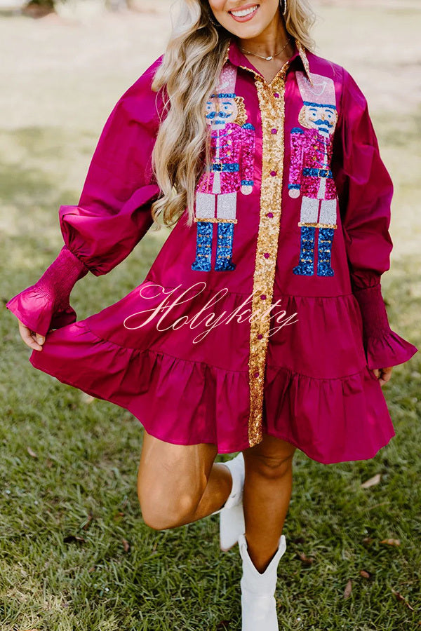 Nutcracker Sequined Button Down Long Sleeve Mini Dress