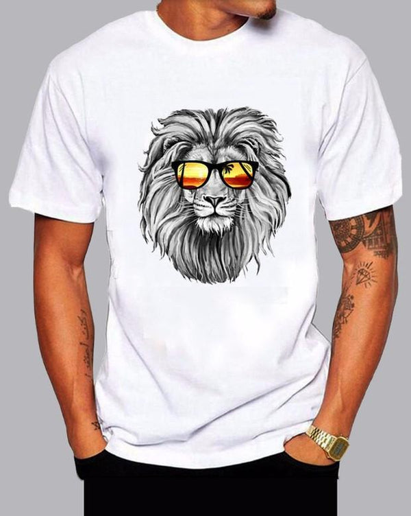 Men's street style lion glasses print trendy short-sleeved T-shirt