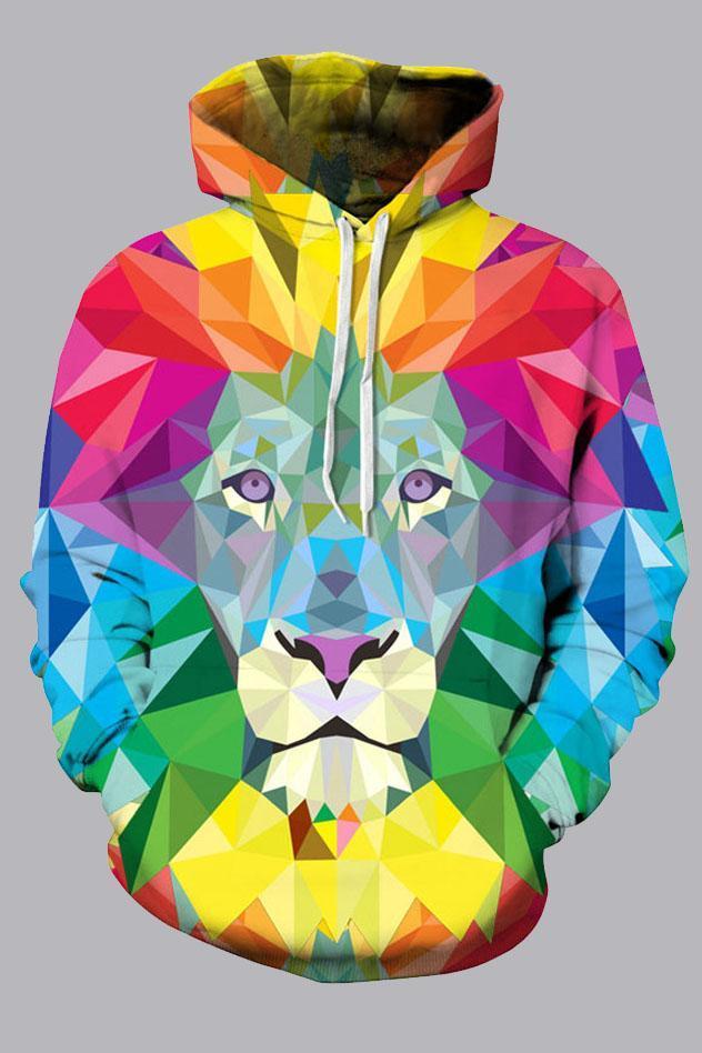 Street 3D Red Digital Lion Printed Hooded Sweatshirt