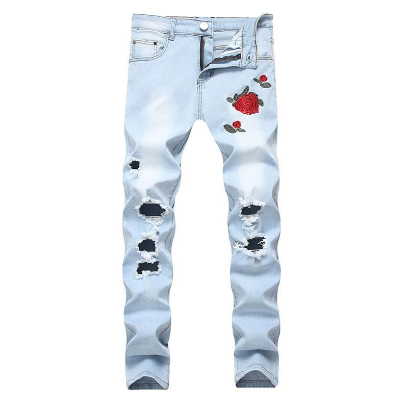 Slim-fit Stretch Jeans with Embroidered Roses