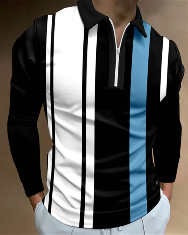 Casual Striped Zipped Polo Shirt