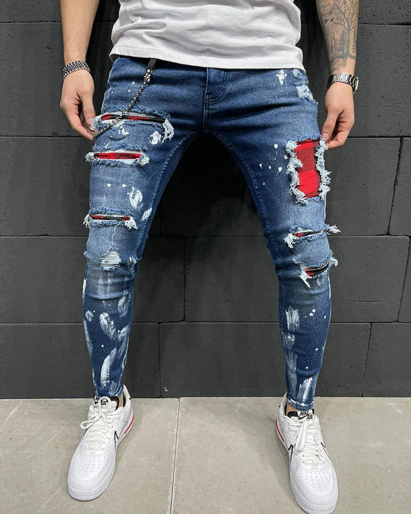 All-match Washed Ripped Plaid Stitching Jeans