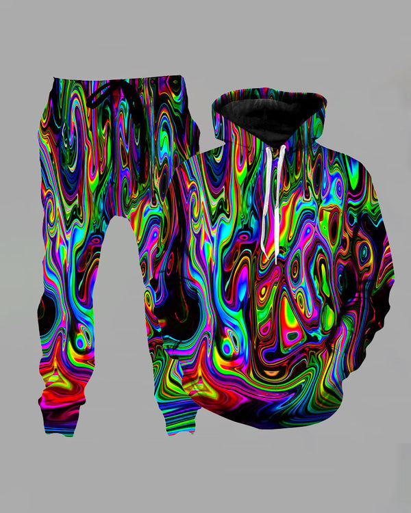 3D Street  Abstract Print Hooded Two-piece Suit