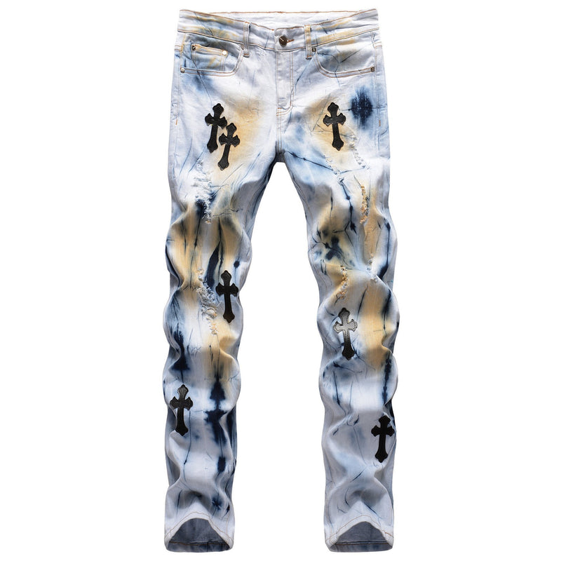 Cross Elasticity Slim Fit Hand Painted Ripped Jeans