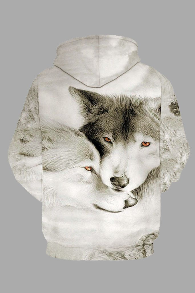 Street 3D White Wolf Print Hooded Sweatshirt