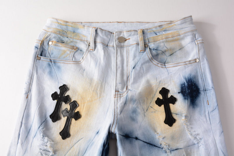 Cross Elasticity Slim Fit Hand Painted Ripped Jeans