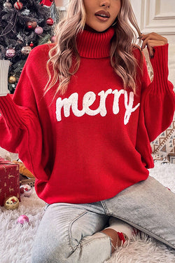 Happy Holidays Contrast Love Letter Turtle Neck Bat Sleeve Sweater