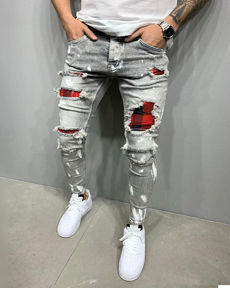 All-match Washed Ripped Plaid Stitching Jeans