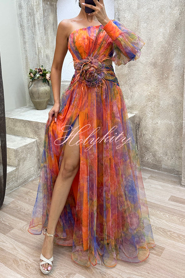 Picturesque Beauty Tulle Floral Pleated One Shoulder Sleeve Slit Maxi Dress