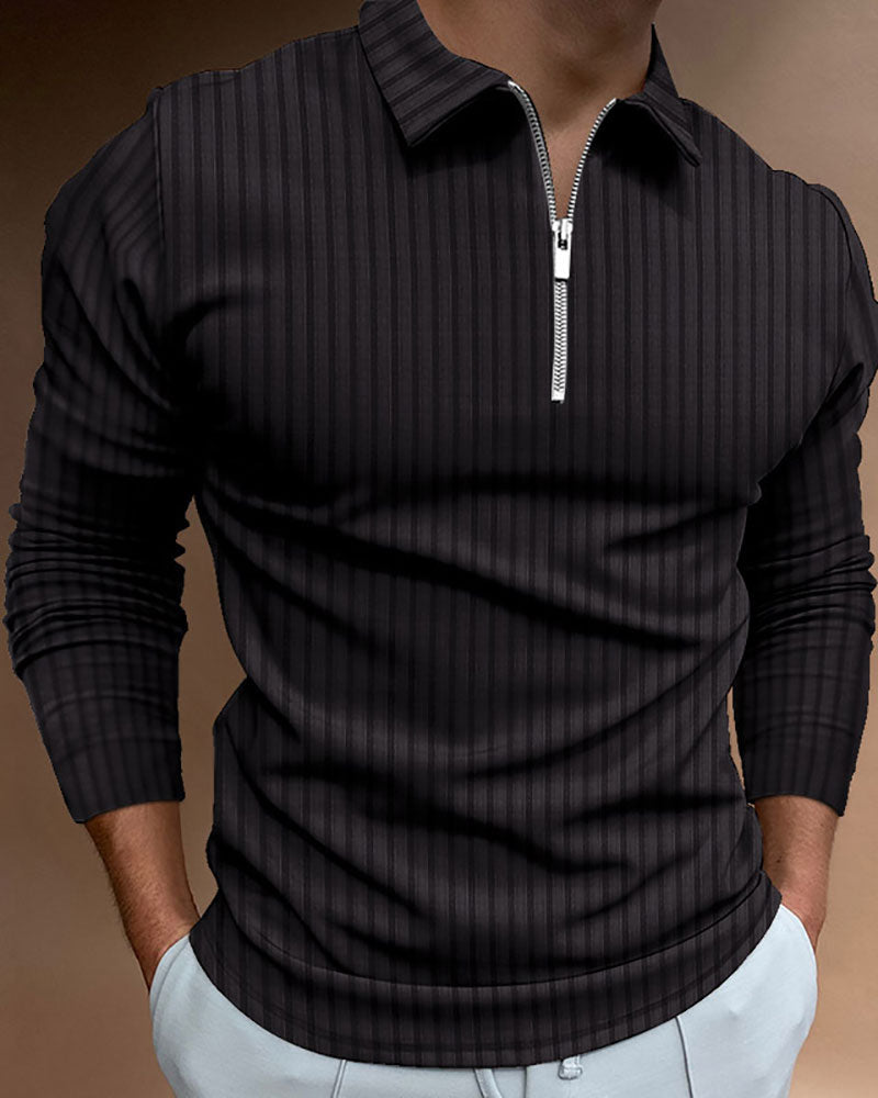 Casual Solid Striped Zipped Polo Shirt