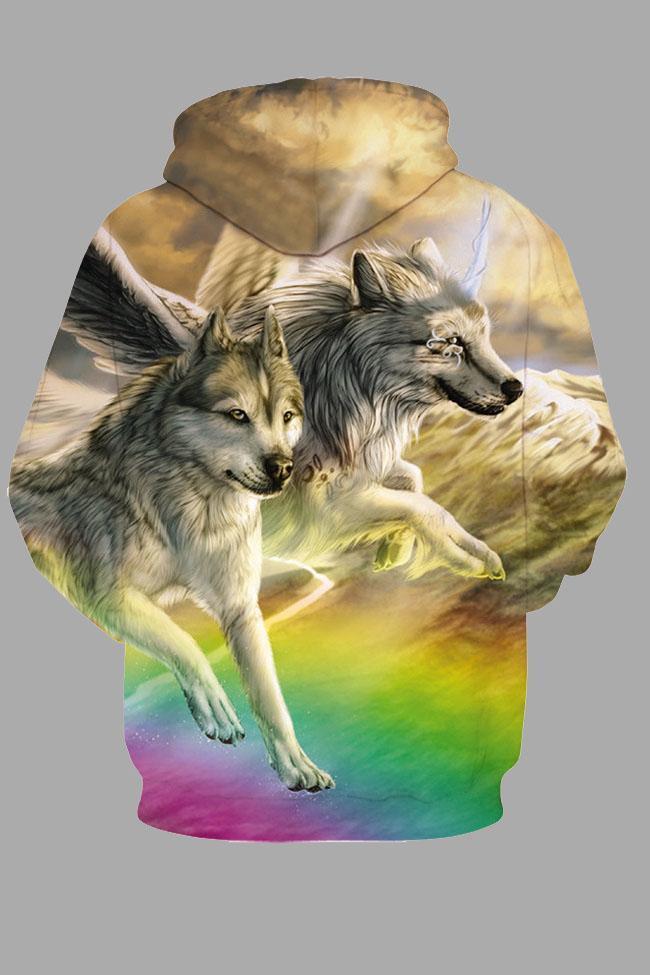 3D Multicolor Digital Wolf Printed Hooded Sweatshirt