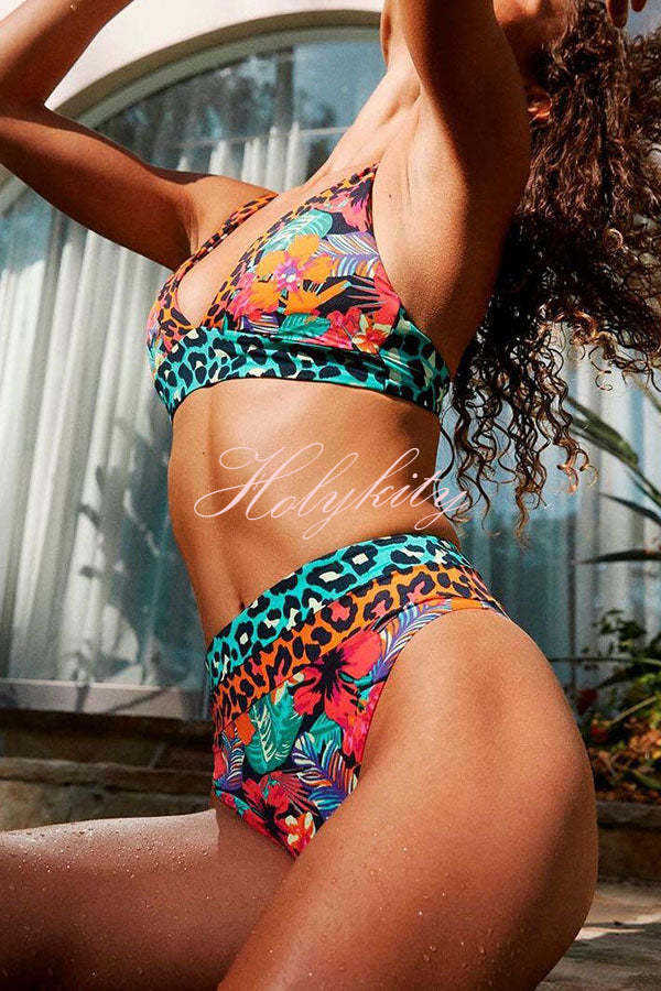 Aloha Honey Leopard Printed Colorblock Bikini