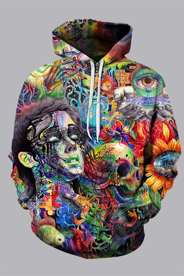 3D Multicolor Digital  Skull Head Printed Hooded Sweatshirt