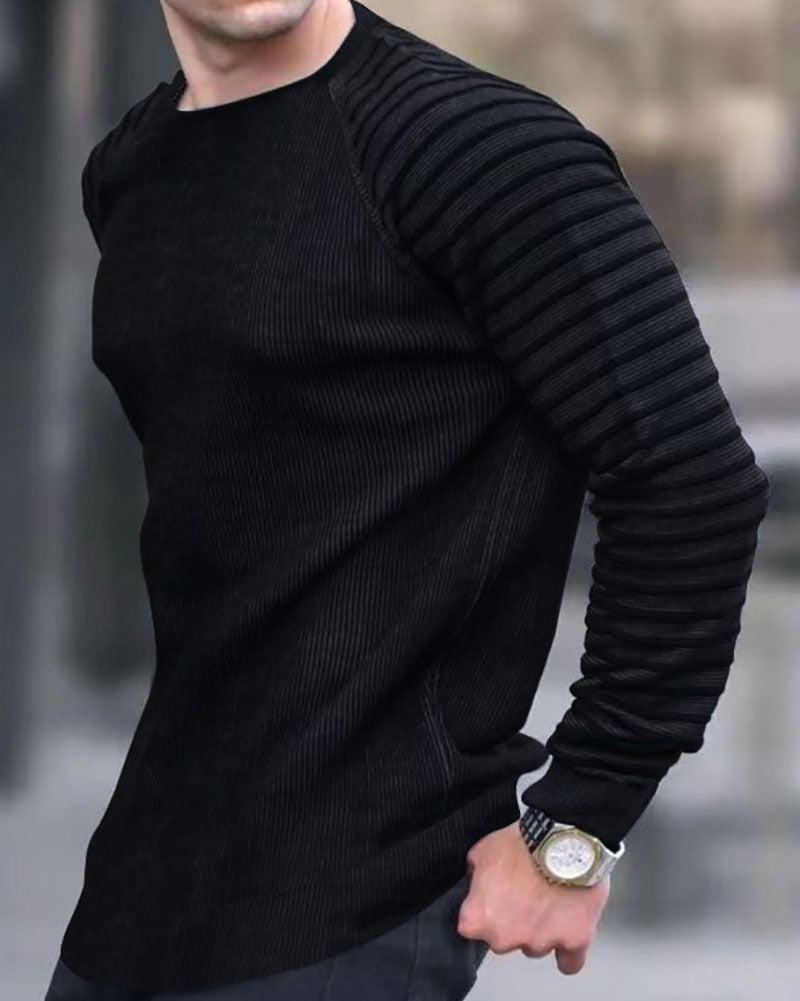 Solid Waffle Stripe Panel Long Sleeve T-Shirt