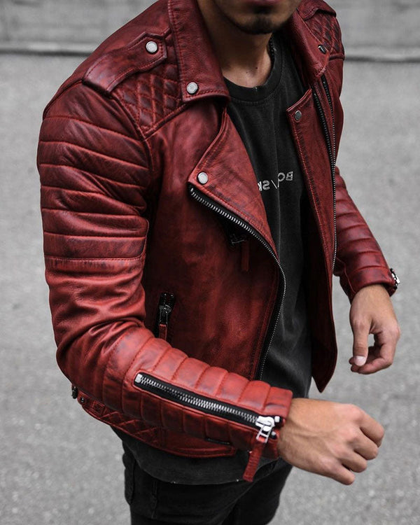Casual Zip Solid Leather Jacket