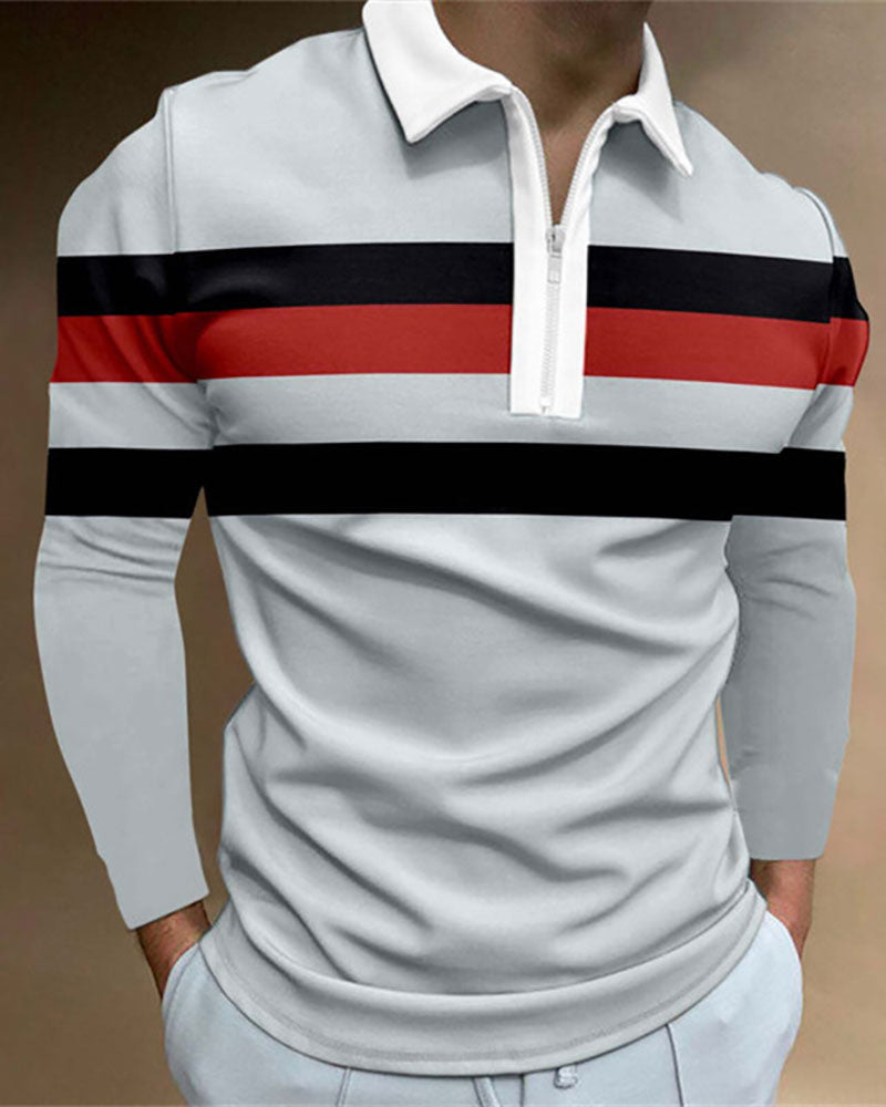 Casual Striped Zipped Polo Shirt