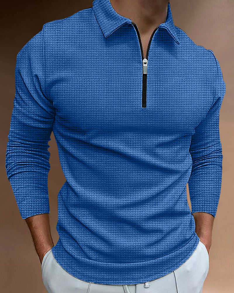 Casual Solid Waffle Zipped Polo Shirt