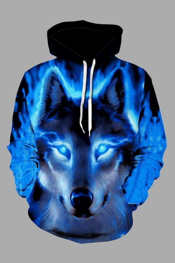 Street 3D Blue Wolf Print Hooded Sweatshirt