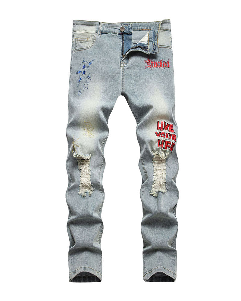 Retro Alphabet Ripped Jeans