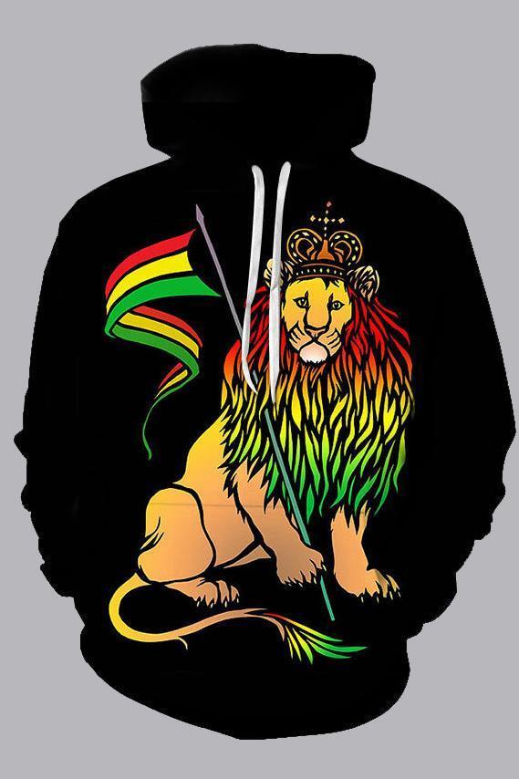 Street 3D Black Digital Lion Printed Hooded Sweatshirt