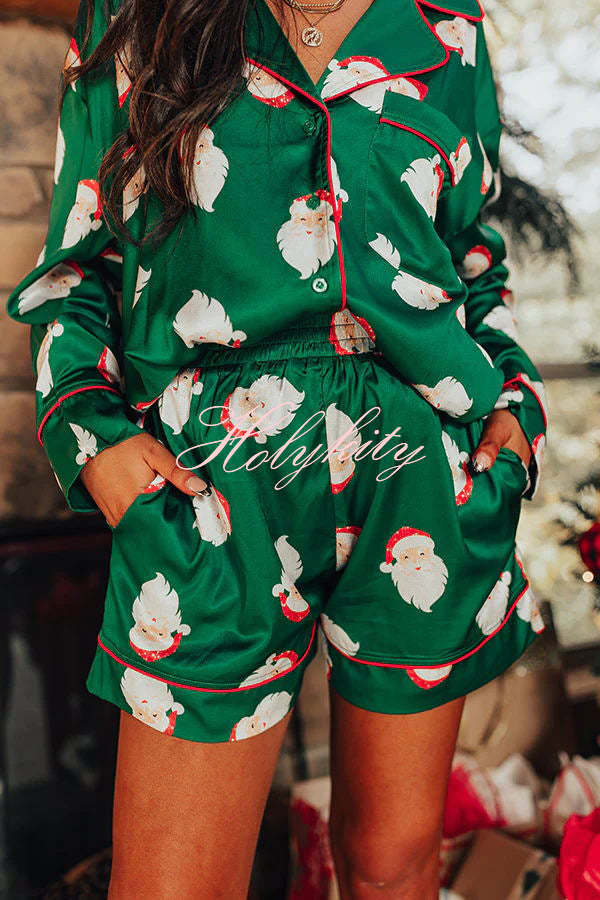 Dear Santa Satin Printed Elastic Waist Pocket Pajama Shorts Set