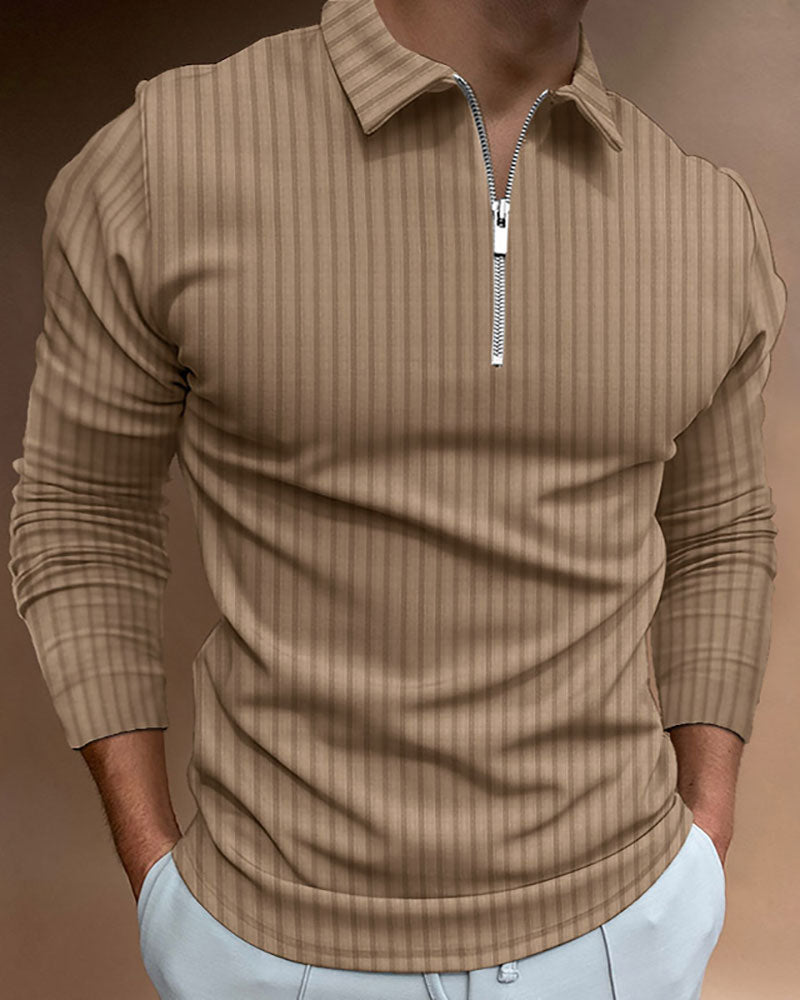 Casual Solid Striped Zipped Polo Shirt