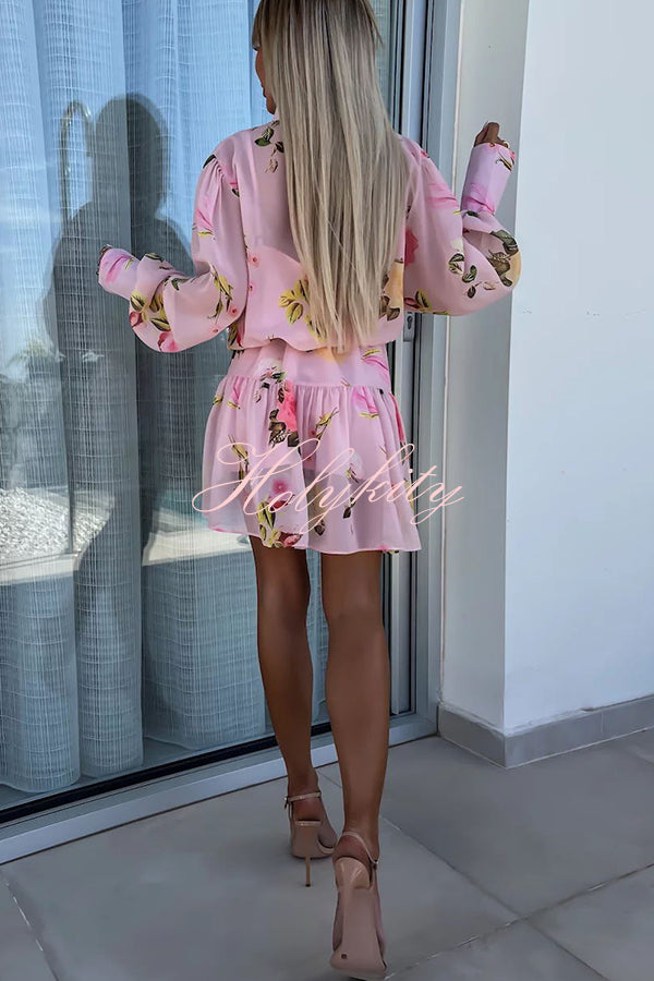 Sunset and Dreams Floral Print Subtle Tuck Lantern Sleeve Belt Mini Dress